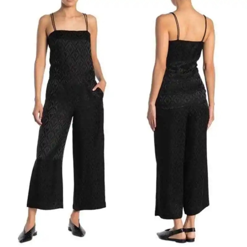 ✨️NWOT Theory Womens Drapey Jacquard Wide Leg Jumpsuit Black Romper Silk…